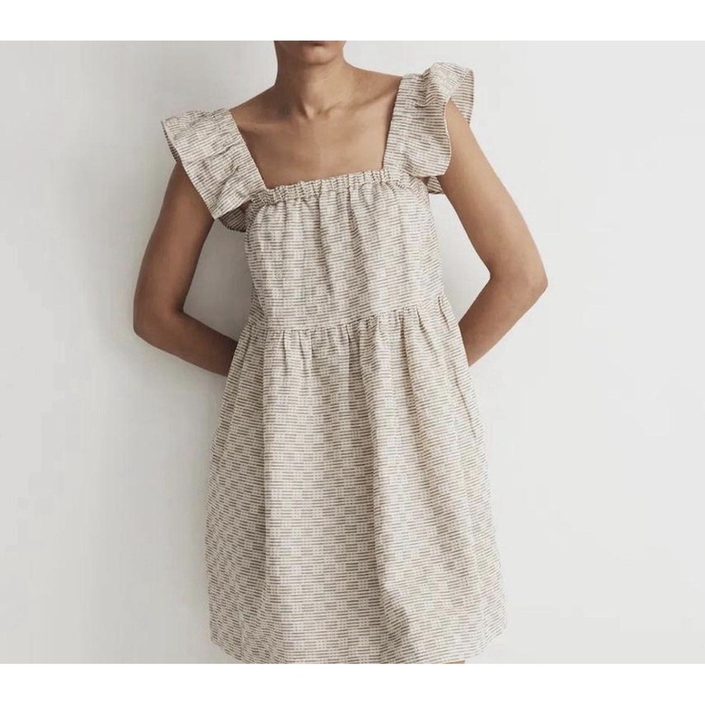 Madewell Cotton Linen Brown Square Neck Flutter Sleeve Mini Dress XL NK477